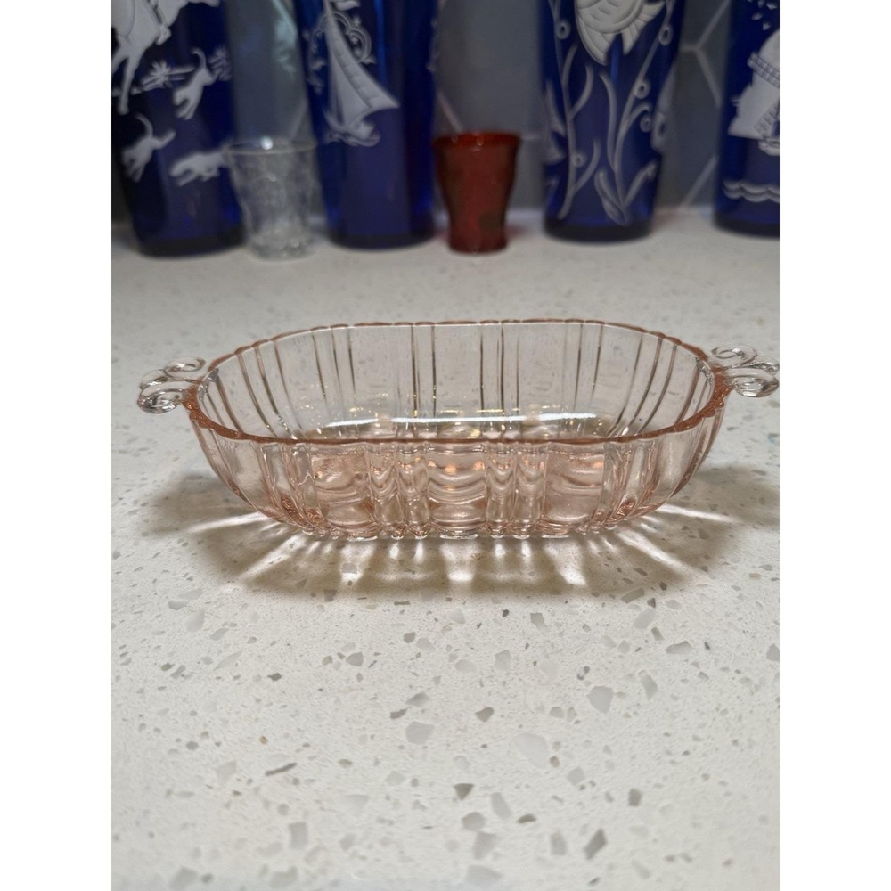 Anchor Hocking Old Cafe Pink Oblong Relish Sauce Olive Dish Depression Glass